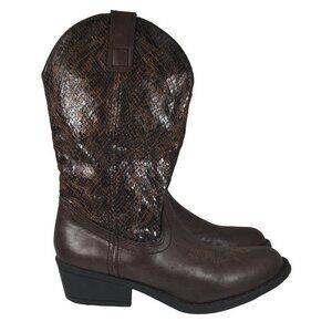 Rampage Walden Cowboy Boots Women 7 Brown Snakeskin Mid Calf Low Heels Pull-On